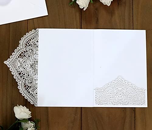 20Pcs Laser Cut Pocket Wedding Invitation Covers, 4.9×7 Inch Trifold Lace Floral Invitation Sleeves with Envelopes personalized wedding invitations(White, 20 Pcs Customized Printed) - Image 6