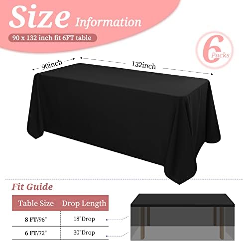 6 Pack Tablecloth 90 x 132 inch Polyester Table Cloth for 6 Foot Rectangle Tables,Stain and Wrinkle Resistant Washable Fabric Table Covers Polyester Black Table Clothes for Wedding,Party,Banquet - Image 2