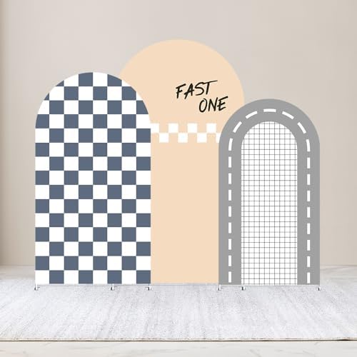 Set of 3 Racing Car Arch Backdrop Cover Track Checkered Spandex Stretchy Arch Cover for Boys Birthday Wedding Baby Shower Party Decoration (6ft,6.6ft,7.2ft,Fast ONE) - Image 2