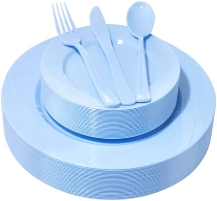 YOUBET 125Pieces Blue Plastic Plates - Blue Baby Shower Plates Disposable - Include 25 Dinner Plate 25 Dessert Plate 25 Forks 25 Knives 25 Spoons for Birthday Party & Baby Shower Gifts by YOUBET