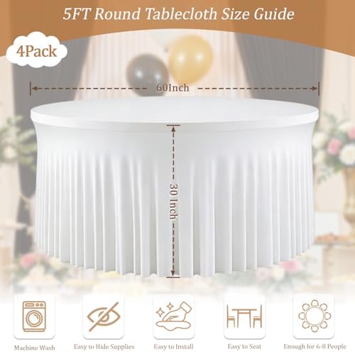 4 Pack White Round Spandex Tablecloths, 5FT/60In Fitted Stretchy Table Cloth with Skirt, Washable Tablecloth, Circle Wrinkle Free Table Cover for Wedding Party Dining Banquet Events - Image 4