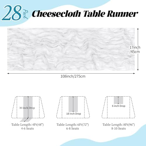 28 Pack White Cheesecloth Table Runner 17x108 Inch Semi Sheer Boho Gauze Cheese Cloth Fabric Table Runners, for Wedding Party Baby Shower Birthday Home Decor Garden Farmhouse - Image 3