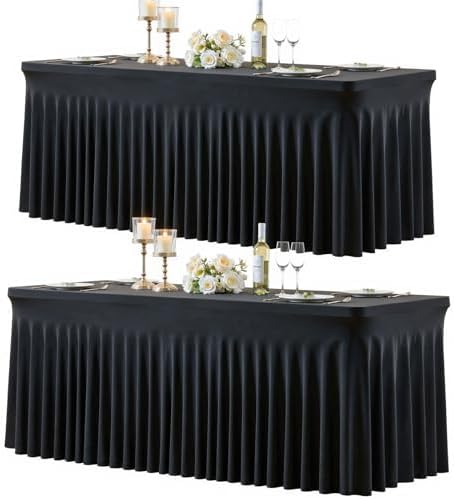 2 Pack Black Table Cloth for 6 Foot Rectangle Tables Spandex Fitted Tablecloth 6ft Stretch Table Covers Skirt Black Banquet Tablecloths Wrinkle Free Tablecloth for Party Wedding Birthday Event by Tao-GePartyDecorations