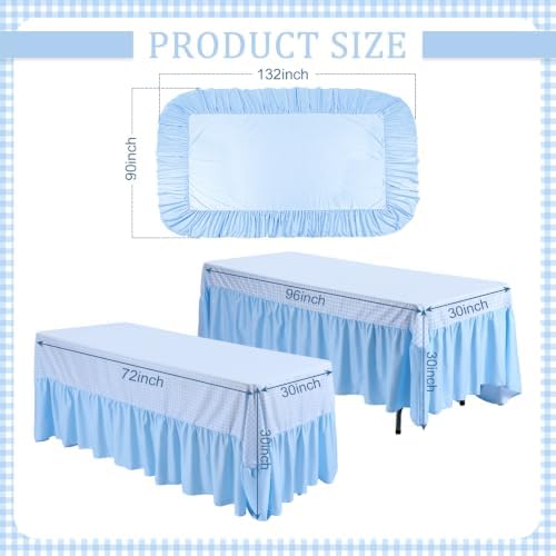 Blue Gingham Tablecloth Plaid Ruffled Table Skirt, 132 x 90'' - Image 2