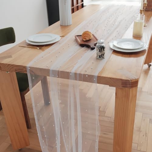 Set of 6 Pearl Table Runner 10ft, 29 * 120 Inch White Table Cloth Pearl Sheer Tulle Table Cover,Table Runner for Wedding Party Baby Shower Birthday Home Decor - Image 3
