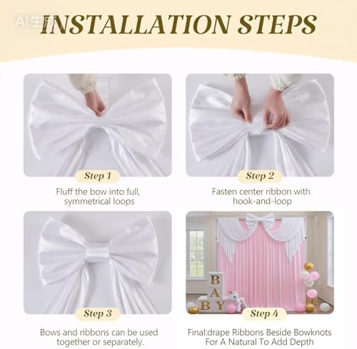 Large White Bow Decor, 47x24x118 Inches Giant Silky Ribbon Bows for Room Wall Decorations Oversized Coquette Stain Bow Party Decorations for Birthday Bridal Baby Shower Wedding Photo Booth Backdrop - Image 4