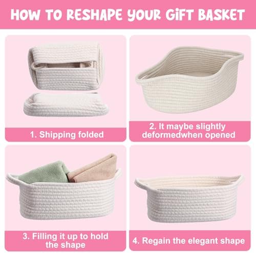 Hoolerry 8 Set Small Woven Gift Basket Empty with Bag Bow Raffia Pastel Cotton Rope Storage Box with Handle for Toy Storage Nursery Shelf Organizing Baby Shower Birthday Gift Basket, 12"x 8" x 5" - Image 5
