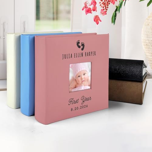 Small Personalized Baby First Year Feet Small Leatherette Photo Album Holds 100 Photos - Image 5