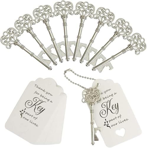 100 PCS Wedding Favors Bottle Opener,Wedding Gifts for Guest Vintage Skeleton Key Opener,Key Openers with Escort Tag Cards and Chains (Silver) by WODEGIFT