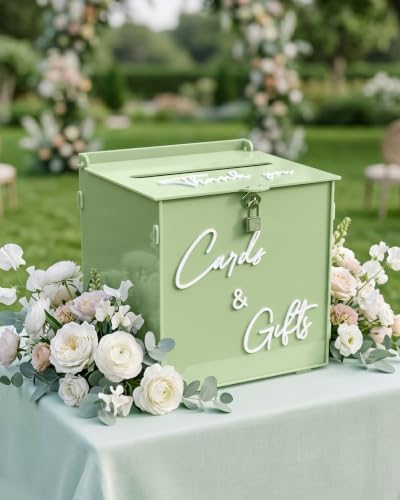 Sage Green Acrylic Wedding Card Box with Lock, 10" Card Holder with Slot by CORALMEE