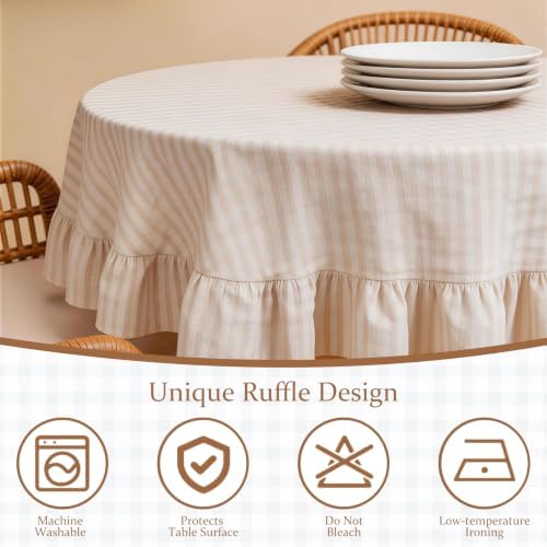 Beige White Striped Ruffle Tablecloth 70" Round Farmhouse Flounces Trim Table Cover for Seat 4-6 for Picnic Dining Kitchen Party Wedding Decor - Image 6