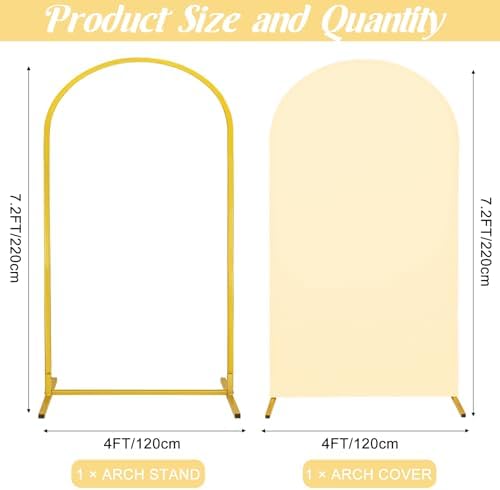 Metal Arch Stand and Cover Set,1 Beige Spandex Fitted Backdrop with 1 Gold Wedding Arched Stand Frame for Parties Birthday Baby Shower Bridal Banquet Decoration (7.2FT) - Image 2