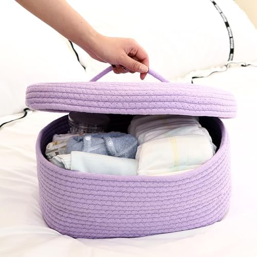 Sea Team Oval Storage Basket, Woven Cotton Rope Basket with Lid, Lavender - Image 2