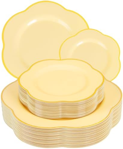 Liacere 50PCS Yellow Plastic Plates - Heavy Duty Yellow Disposable Plates -Yellow and Gold Plates Include 25PCS 7inch Desert Plates and 25PCS 10inch Dinner Plates for Party & Baby Shower & Wedding by Liacere