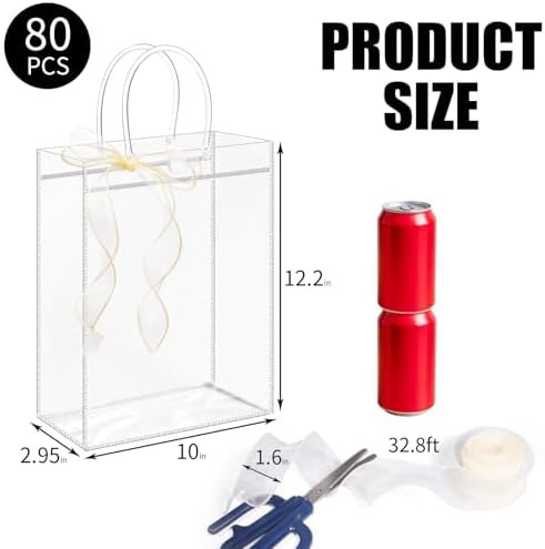 WDSHCR 80 PCS Clear Plastic Gift Bags with Handles, Party Favor Bags with Ribbons, Reusable Goodie Tote Bags for Wedding, Baby Shower, Birthday (Clear 10 x 12.5 x 3.1, 80 Pack) - Image 2
