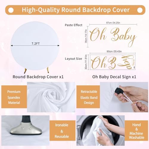 Gallety 7.2 FT White Round Backdrop Cover for 5 to 7.2ft Circle Arch Stand with Oh Baby Decal Sign - Adjustable Polyester Arch Backdrop Cover for Wedding Arch Birthday Party Photography Decoration - Image 2