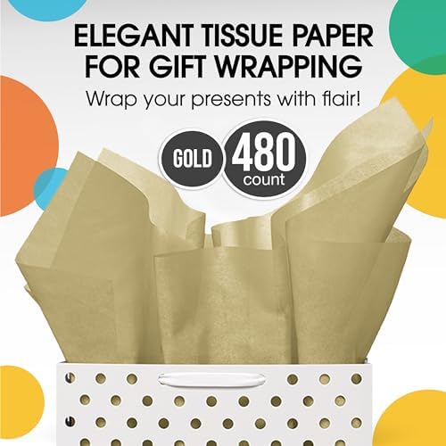Party Solids Gold Tissue Paper for Gift Bags - 15" X 20" Bulk Tissue Paper Gold 480 Sheets - 10lb Newsprint for Packing, Birthday Gift Box Filler, Packing Supplies for Moving Supplies - Image 4