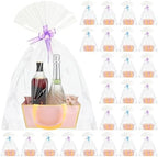 Tuanse 30 Pcs Basket for Gift Empty DIY Bulk Gift Basket Kit with Handle Kraft Cardboard Tray with 30 Bag 30 Bow Market Tray for Wedding Party, Pink, 9.8 x 6.7 x 4.3 in by Tuanse