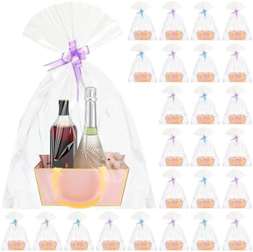 Tuanse 30 Pcs Basket for Gift Empty DIY Bulk Gift Basket Kit with Handle Kraft Cardboard Tray with 30 Bag 30 Bow Market Tray for Wedding Party, Pink, 9.8 x 6.7 x 4.3 in by Tuanse