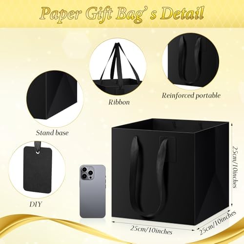Windyun 50 Pcs Square Paper Gift Bags with Handle 10 x 10 x 10'' Large Favor Bag with DIY Thank You Tag for Wedding Christmas Bridal Shower Bridesmaid Birthday Party (Black) - Image 2