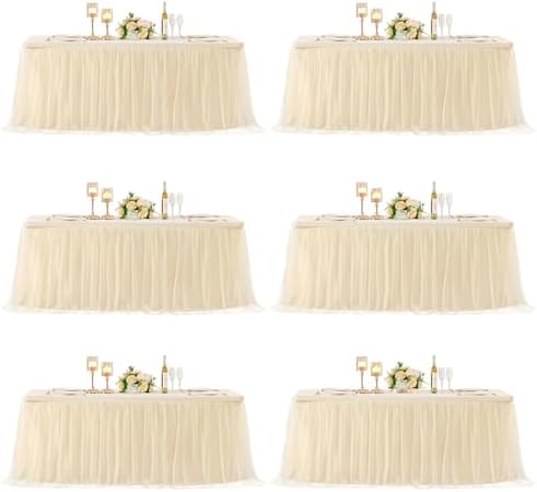 6 Pack 8ft Champagne Table Cloths Rectangle Tulle Tablecloth Fitted Champagne Tablecloths for 8 foot Rectangle Tables Spandex Table Covers for Parties Wedding Birthday Buffet Banquet Desk Tables Skirt by HBBMAGIC