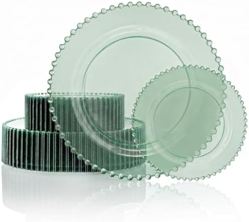 U-QE 60PCS Clear Green Plastic Plates, Beaded Plates Disposable Heavy Duty by U-QE