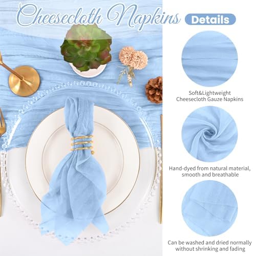 Cloth Napkins Set of 12, 20x20 Inch Light Blue Cheesecloth Napkins Rustic Boho Gauze Dinner Napkin Cloth Washable Elegant Table Napkins for Wedding Party Bridal Baby Shower Table Decor - Image 3