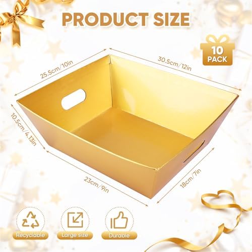 AFOROEOA 10PACK Gold Baskets For Gifts Empty, 10x12” Thick Gift Basket with 10 Bows 10 Bags Empty Gift Baskets for Christmas, Valentine’s Day, Easter, Birthdays, Valentine’s Day Wrapping Gift - Image 2