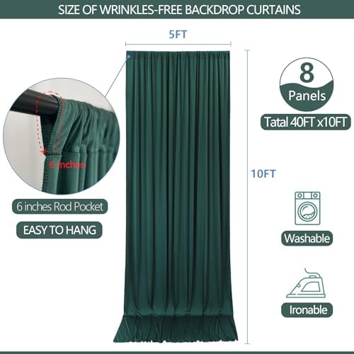 40x10ft Wrinkle Free Hunter Green Backdrop Curtain for Parties Soft Fabric Drapes Wedding Dark Green Curtain Backdrop for Birthday Party Decorations Background for Photography 5x10ft,8 Panels - Image 3