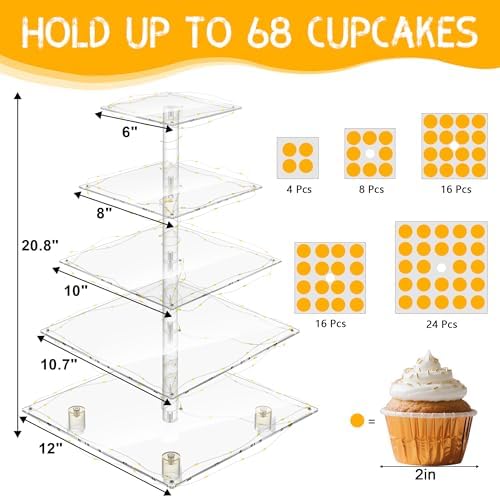 5 Tier Cupcake Stand,Clear Tiered Cupcake Tower with String Lights, Large Square Cupcake Holder Dessert Display for Baby Shower, Tea Party and Wedding - Image 7