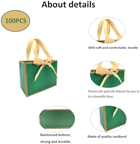 TKSBAG 100 PCS Small Green Gold Gift Bags with Bow Ribbon - 6.4x3.1x5.1 Inch Thank You Bags with Handles, Bulk for Baby Shower, Bridal Shower, Wedding, Party Favors, Mother's Day - Image 2