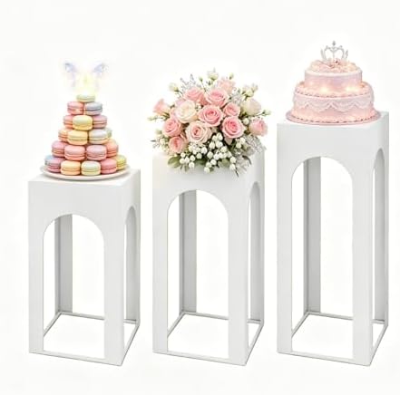 3PCS Square White Pedestal Stands for Party Metal Pedestal Display Stands Dessert Table Decoration Pillars Cake Pedestal Plant Stands for Party Birthday Wedding Props (A) by Unknown