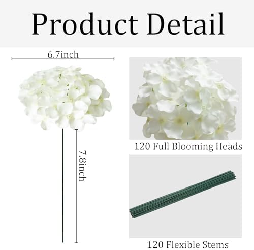120Pcs White Hydrangea Artificial Flowers Bulk，Realistic Silk Fake Flowers with Stems，Faux Hydrangea Flowers for Wedding Home Decor Centerpieces Living Room Garden Party Baby Shower Decoration - Image 2