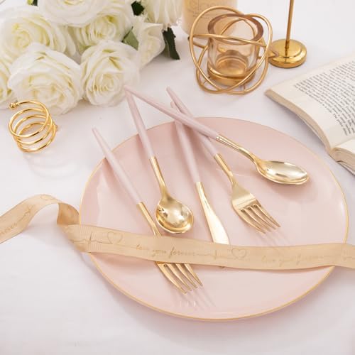 I00000 300Pcs Pink Plastic Silverware, Fancy Gold Cutlery with Pink Handle - Image 4