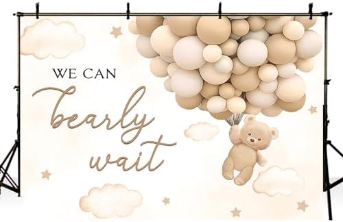 MEHOFOND 8x6ft Bear Baby Shower Backdrop We Can Bearly Wait Baby Shower Party Decorations for Boy Hot Airs Balloons Watercolors Clouds Stars Photography Background Newborn Photo Booth Props (Brown) - Image 3