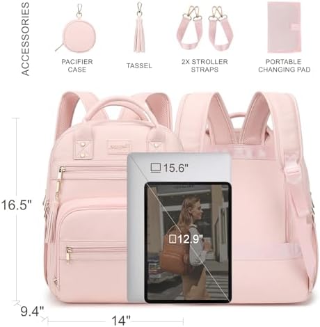ROSEGIN Premium Vegan Leather Diaper Bag Backpack with Waterproof Changing Pad, Reinforced Zippers & Odor-Free, 20 Pockets Pro Organizer, Fits 15.6" Laptop, Stroller Straps, Baby Bag for Mom, Pink - Image 5