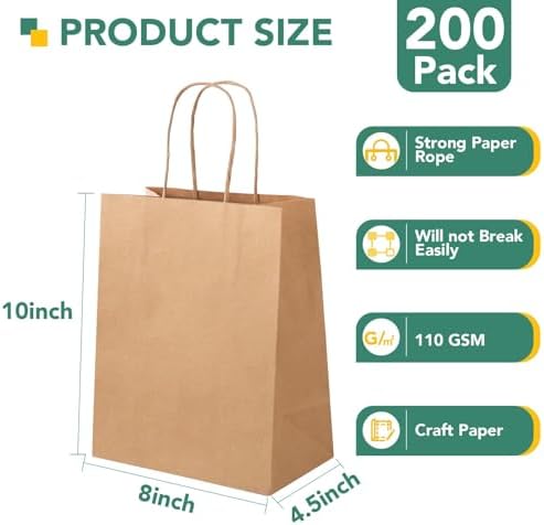 XPCARE Brown Paper Bags with Handles, 200Pcs 8x4.5x10In Kraft Paper Bag - Image 2