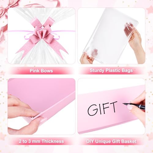 AFOROEOA 20PACK Pink Baskets For Gifts Empty, 10 x 8” Thick Paper Basket with 20 Clear Bags and 20 Pink Bows, Empty Gift Baskets for Baby Shower Valentine Bridal Birthday Party Bulk Wrapping - Image 4