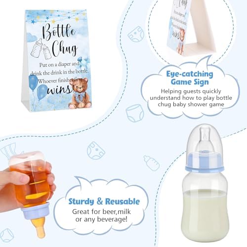 12 Set Bottle Chug Baby Shower Games Favors Change Funny Diaper Game Including Plastic Baby Bottles Chug Disposable Diapers Themed Sign for Gender Reveal Party Supplies (Blue Color,Bear) - Image 3