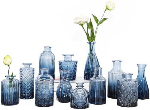 TBWIND 12Pcs Blue Glass Bud Vases Set, Small Vases for Flowers by TBWIND