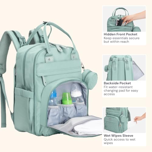 BabbleRoo Diaper Bag Backpack - Baby Essentials Travel Bag - Multi Function Water Resistant Diaper Bag, Travel Essentials Baby Bag with Changing Pad, Stroller Straps & Pacifier Case – Sage Green - Image 6