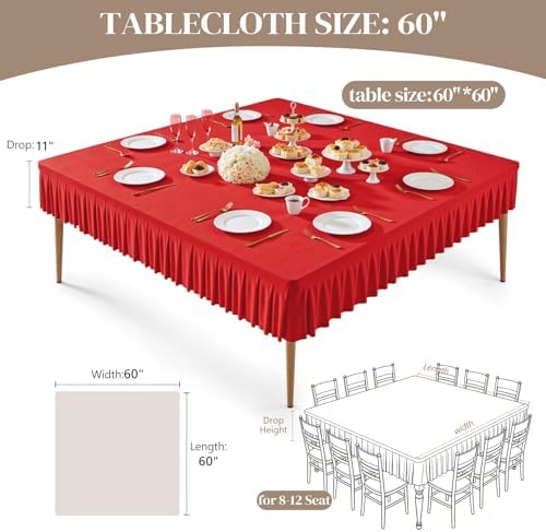 Wish Care Red Spandex Tablecloths for 60x60 Inch Square Tables, Stretch Fitted Table Clothes with Pleated Ruffle Skirt for 60” Table, Wrinkle Free and Elastic, for Party Kitchen Home Dining - Image 4