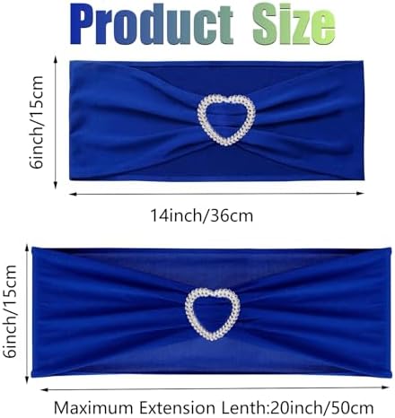Royal Blue Chair Sashes 50 Pack Spandex Blue Sashes for Chairs Covers Universal Stretch Chair Sashes Band with Heart Buckle Slider Universal Sashes Bows for Wedding Banquet Party Decorations - Image 2
