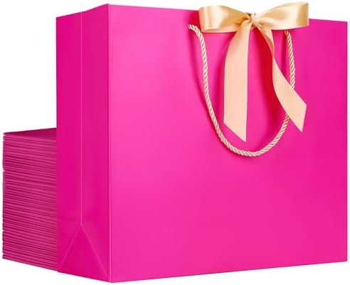 EUSOAR Thank You Gift Bags, 25pcs 12.5"x4.5"x11" Hot Pink Paper Gift Bags with Handles, Gift Wrap Treat Bags with Ribbons Bulk for Wedding Party Favors Grocery Baby Showers Bridesmaid Birthdays by EUSOAR