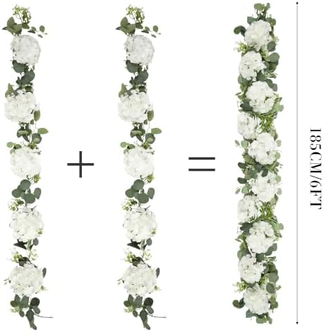 Artificial Hydrangea Flower Garland with Eucalyptus & Baby’s Breath 2PCS 6FT Floral Vines Greenery Garland for Mantel Wedding Arch Table Centerpiece Coastal Home Outdoor Decor (2, White) - Image 3