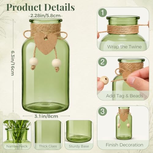 TBWIND Vintage Glass Flower Vase, 6PCS Farmhouse Green Mason Jar Vases - Image 2