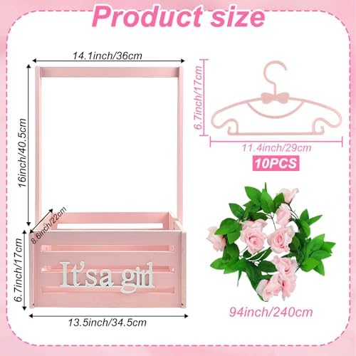 Wooden Baby Shower Crate Closet, Baby Storage Crate Hamper with Handle, Garland and 10 Clothes Hangers, Baby Shower Gifts Basket with Letters for Girl Boy Pregnancy Gift (Pink) - Image 2