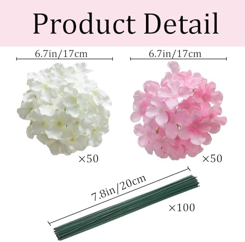 100 Pcs Faux White Pink Hydrangea Artificial Flowers Bulk, Fake Silk Hydrangea Flowers Heads with Stems for Wedding Decorations Garden Party Baby Shower Porch Home Decor Table Centerpieces - Image 3