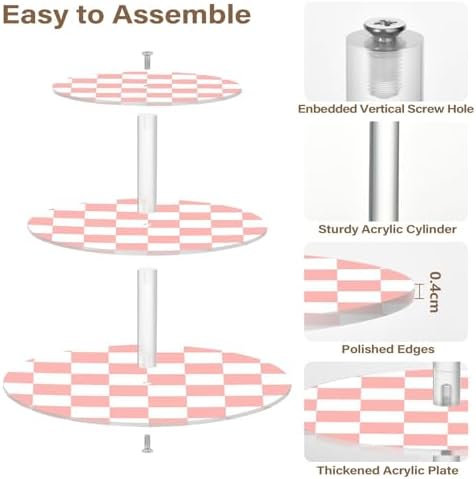 J JOYSAY Chess Checkerboard Flesh Color White Print Acrylic Cupcake Stand 3 Tier Dessert Table Display Set Clear Cake Stands for Baby Shower Wedding Party Decorations Easy Assembly Macaron Tower - Image 2