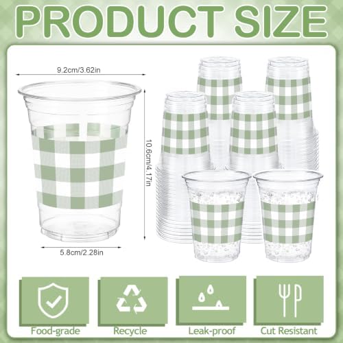 100 Pcs Sage Green Gingham Plastic Cups for Baby Shower, 12 oz - Image 3